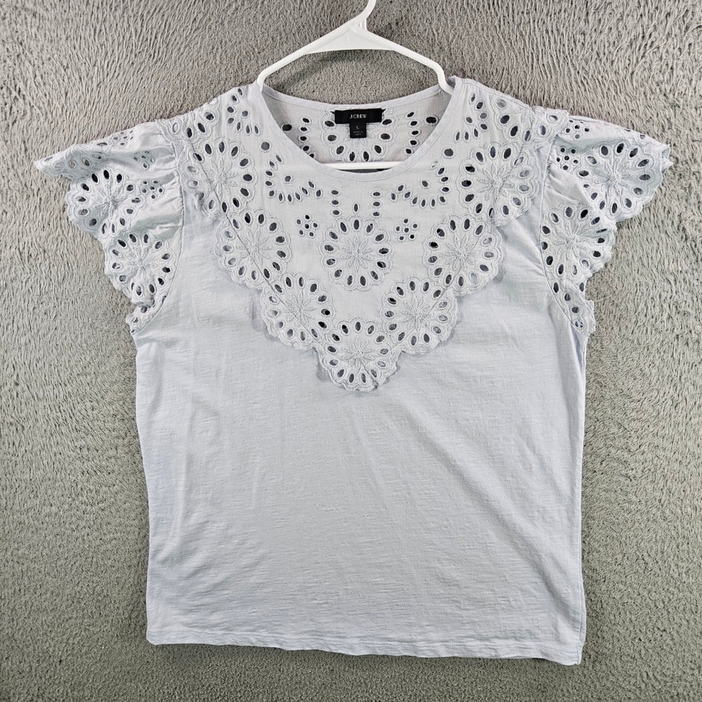 J.Crew Womens Light‎ Blue Cotton Eyelet Flutter Sleeve Blouse Top Large L